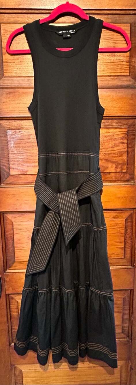 Veronica Beard Jeans Kura Mixed-Media Tiered Midi Dress Black Size S